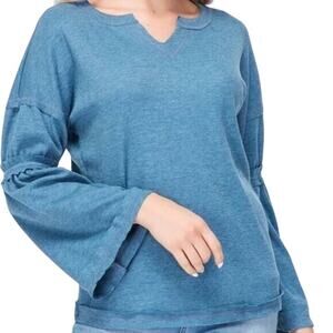 Baea Los Angeles Raw Seam Waffle Thermal Bell Sleeve Top Sz Small Denim Blue NWT